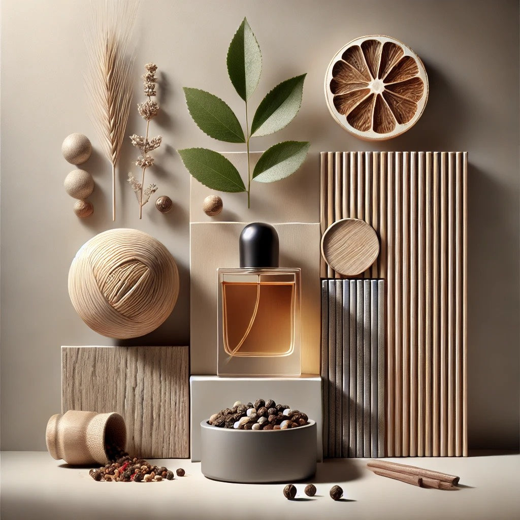 Cedar Breeze Duft-Moodboard von LOUVÉ – holzige und aromatische Deko-Elemente passend zum fougère-frischen Männerduft