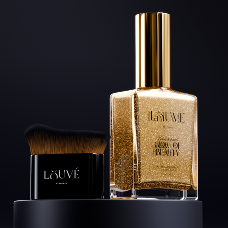 LOUVÉ Shimmer Set – luxuriöses Body Shimmer Oil mit passender Shimmer Brush für strahlenden Glow und glamouröses Hautfinish