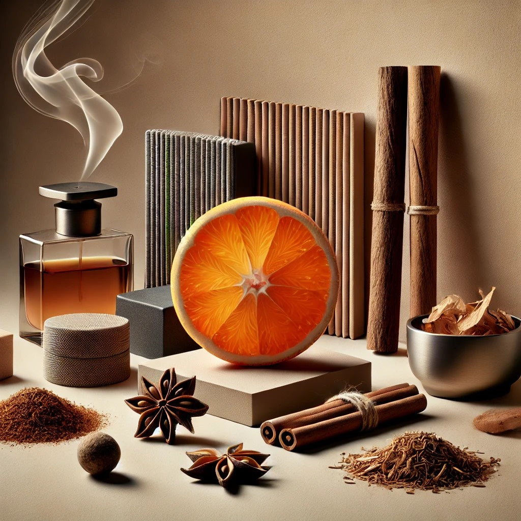 Midnight Legacy Duft-Moodboard von LOUVÉ – warme holzige und würzige Deko-Elemente, die den orientalisch-aromatischen Herrenduft widerspiegeln